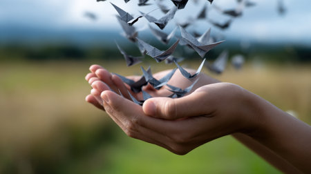 A hand holding a bunch of paper birds. The birds are scattered in the air and the hand is holding them. Concept of freedom and lightness, as the birds are free to fly wherever they pleaseの素材