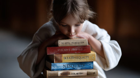 A young girl is holding a stack of books, including one titled "Theory of Equality". Concept of curiosity and intellectual exploration, as the girl is surrounded by various books on different topicsの素材