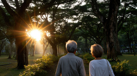 A couple of older people are walking in a park, enjoying the sun. The sun is shining brightly, casting a warm glow on the trees and the couple. The scene is peaceful and sereneの素材