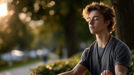 A young man is sitting on a bench in a park, focusing on his breathing and clearing his mind. He is wearing a gray shirt and a necklace around his neck. The park is filled with trees and bushesの素材