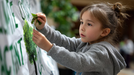 A young girl is drawing a tree on a wall. The tree is green and has leaves. The girl is holding a leaf in her hand. The wall has a message about the importance of treesの素材