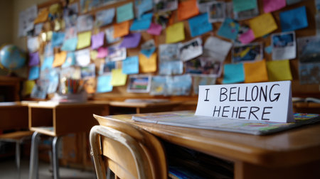 A classroom with a sign that says "I Belong Here". The sign is on a desk in front of a bulletin board with many colorful notesの素材