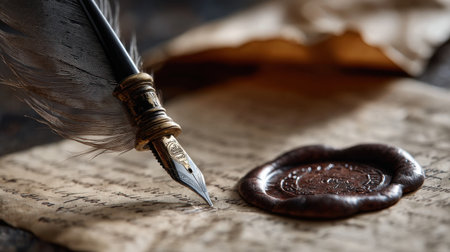 A feather pen is writing on a piece of paper with a stamp of wax. Concept of nostalgia and the importance of handwritten communication. The use of a feather pen and wax stamp adds a vintageの素材