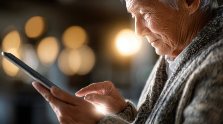 An elderly woman is using a tablet to look at something. She is smiling and she is enjoying herselfの素材