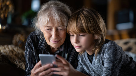 A woman and a boy are looking at a cell phone together. The woman is smiling and the boy is looking at the screen. Scene is happy and friendlyの素材