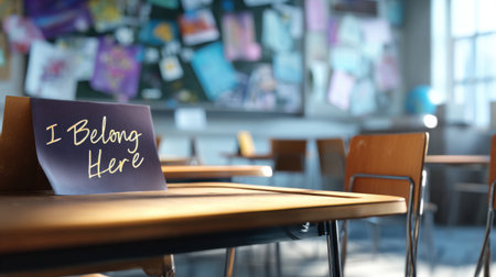 A classroom with a sign on a desk that says "I belong here". The room is empty and has a lot of posters on the wallの素材