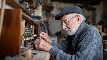 An old man is working on an old radio. He is wearing a gray sweater and a black hatの素材