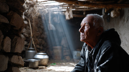 An old man sits in a dark room with a light shining on him. He looks sad and lonelyの素材