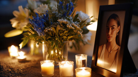 A woman's picture is on a table with candles and flowers. The candles are lit and the flowers are blue and white. Scene is somber and reflectiveの素材