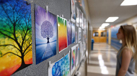 A wall of art with a tree and a rainbow. The tree is the main focus of the artの素材