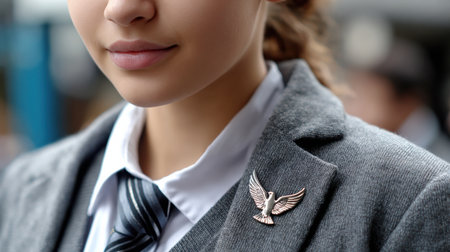 A woman wearing a gray jacket and a black and white tie with a bird emblem on it. She is smilingの素材
