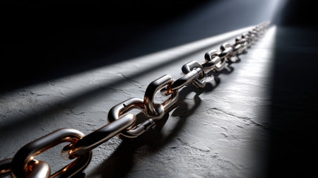 A chain of gold links is shown in a shadow. The chain is long and thin, and it is suspended in mid-air. Concept of freedom and possibilityの素材