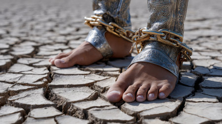 A person is chained to the ground with their feet chained to the ground. The image has a somber and oppressive mood, as the person is trapped and unable to moveの素材
