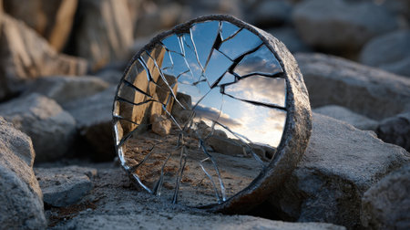 A broken mirror on a rocky surface. The reflection of the sky and the rocks in the mirror creates a sense of depth and mysteryの素材