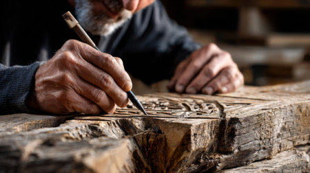 A man is carving a design into a piece of wood with a pencil. Concept of craftsmanship and dedication to the task at hand. The man's hands are focusedの素材