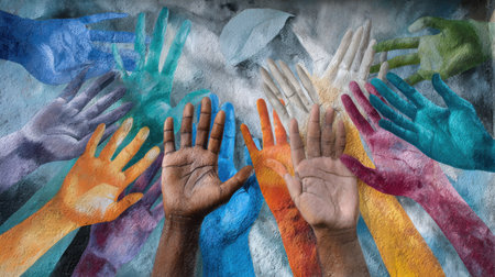 A painting of many hands with different colors and sizes. The painting is titled "Hands of Humanity" and it represents unity and diversityの素材
