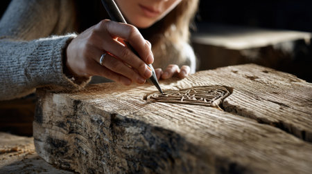 A woman is carving a design into a piece of wood with a sharp tool. Concept of focus and concentration as the woman carefully etches her design onto the woodの素材