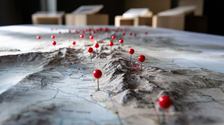 A map of the United States with red pins on it. The pins are scattered all over the map, indicating various points of interest. The map is laid out on a tableの素材