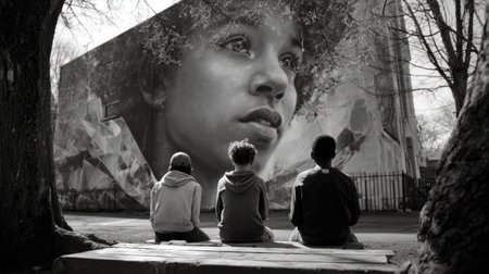 Three young people sit on a bench in front of a large painting of a woman's face. The painting is so large that it covers the entire wall behind the bench. Scene is contemplative and peacefulの素材