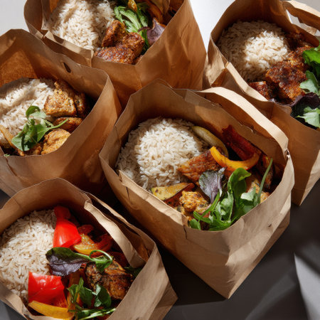 A stack of brown paper bags filled with rice and vegetables. The bags are arranged in a row, with each bag containing a different combination of rice and vegetables. The bags are all the same sizeの素材