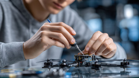 A man is working on a small drone. He is using a soldering iron to fix the drone. Concept of focus and determination as the man works on the droneの素材