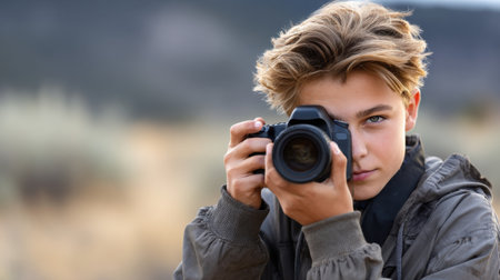 A young man is taking a picture with a camera. He is wearing a grey jacket and a scarfの素材