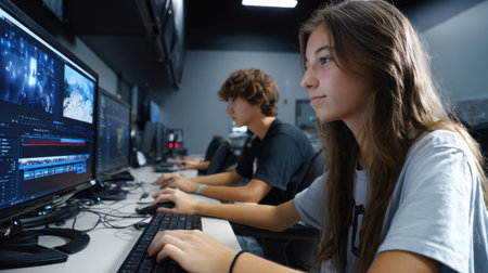 A girl is sitting in front of a computer with a man next to her. They are both working on a projectの素材