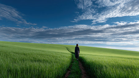 A person is walking through a field of grass. The sky is cloudy and the grass is greenの素材