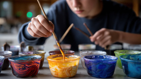 A person is painting with a brush in a room with many bowls of paint. The bowls are of different colors, and the person is using a brush to paint. Scene is creative and artisticの素材