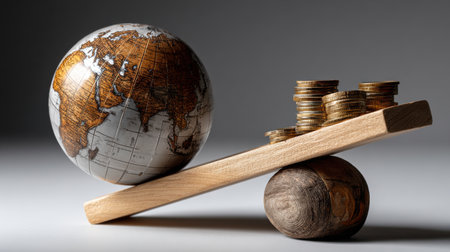 A globe sits on a wooden scale with a pile of coins on the other side. Concept of balance and the importance of having a stable foundationの素材