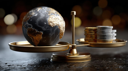 A gold scale with a globe and coins on it. The globe is black and the coins are silverの素材