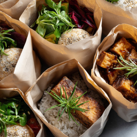 A variety of food items are placed in paper bags, including rice, vegetables, and meat. The bags are arranged in a way that creates a visually appealing and appetizing displayの素材
