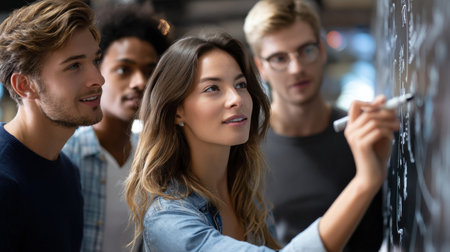 A group of people are looking at a blackboard with a woman writing on it. The woman is smiling and the other people are looking at her. Scene is positive and collaborativeの素材