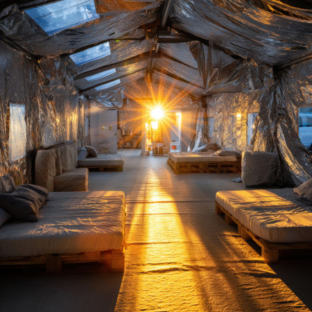 A large room with many beds and a sun shining through a window. The room is empty and the beds are all unmadeの素材