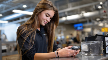 A woman is looking at a tablet while wearing a black shirt. She is smiling and she is enjoying herselfの素材