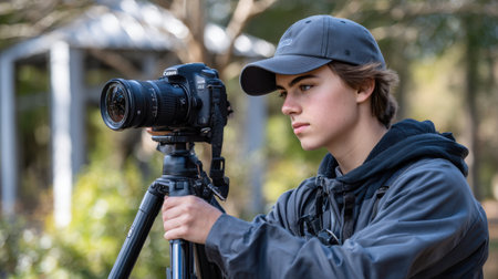 A young man wearing a hat and a black jacket is holding a camera. He is looking at the camera, and the camera is on a tripod. The scene appears to be a photography sessionの素材
