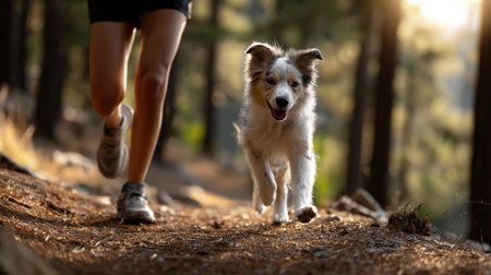 A woman is running with her dog in a forest. The dog is running and he is enjoying the runの素材