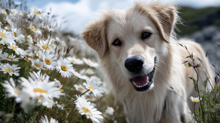 A dog is standing in a field of flowers and is smiling. The scene is bright and cheerful, with the dog's smile adding to the overall positive moodの素材