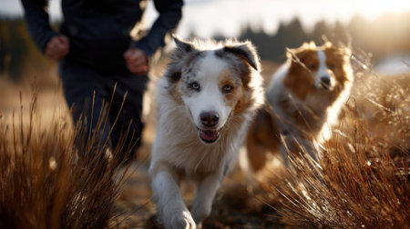 Two dogs running through tall grass, one of which is wearing a blue jacket. The scene is lively and energetic, with the dogs enjoying their time outdoorsの素材
