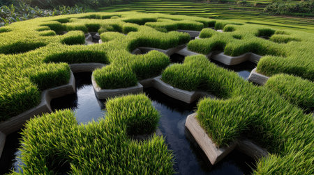 A field of grass with a maze of green grass and a pond in the middle. The pond is surrounded by a lot of grass and the grass is cut in a way that it looks like a mazeの素材