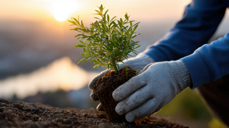 A person is planting a tree in the dirt. The person is wearing gloves and is holding the tree in their hands. The scene is peaceful and serene, with the sun shining in the backgroundの素材