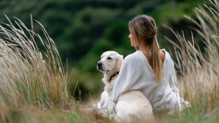 A woman sits in a field with her dog. The dog is white and the woman is wearing a white shirt. The scene is peaceful and relaxingの素材