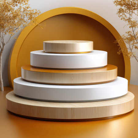 A wooden structure with four different sized circles on top of it. The structure is set against a wall with a tree in the background. The structure appears to be a stage or a podiumの素材