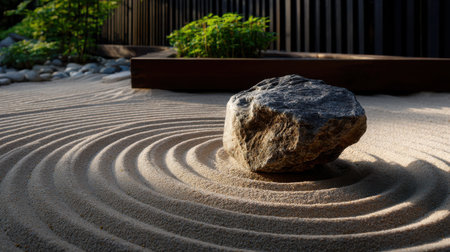 A large rock sits in the center of a sand circle. The rock is surrounded by a small garden with plants and a fence. Concept of tranquility and peace, as the rock and the garden create a sereneの素材
