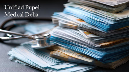 A pile of money and a stethoscope on top of it. The stethoscope is on the left side of the pile of moneyの素材