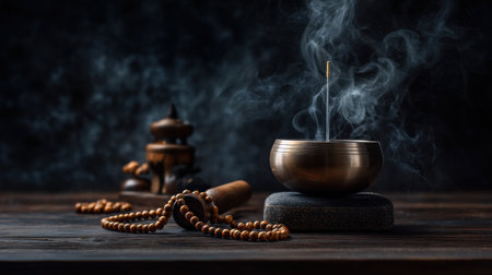 A small gold bowl with a candle in it sits on a wooden table. The table is covered with a variety of items, including a wooden box, a bracelet, and a necklace. Concept of calm and relaxationの素材