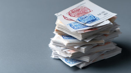 A stack of stamps with a red and blue stamp on top. The stamps are piled on top of each otherの素材