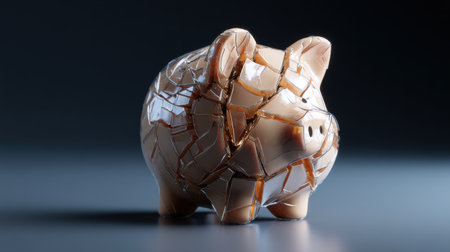 A piggy bank has been shattered into pieces, with the broken shards scattered around it. The piggy bank is now in a state of disrepair, and it appears to have been damaged in some wayの素材