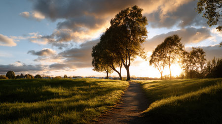 A path winds through a grassy field with trees in the background. The sky is cloudy and the sun is setting, casting a warm glow over the sceneの素材
