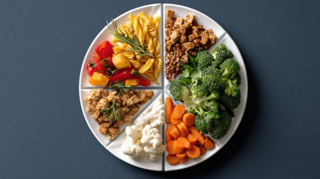A plate of food is divided into four sections, each containing a different type of food. The plate is filled with vegetables, including broccoli, carrots, and cauliflower. Concept of a healthyの素材